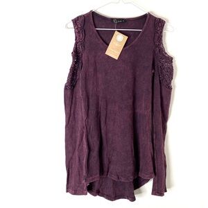 Urban X Purple Vintage Wash Waffle Knit Cold Shoulder Lace Pullover Hem NWT